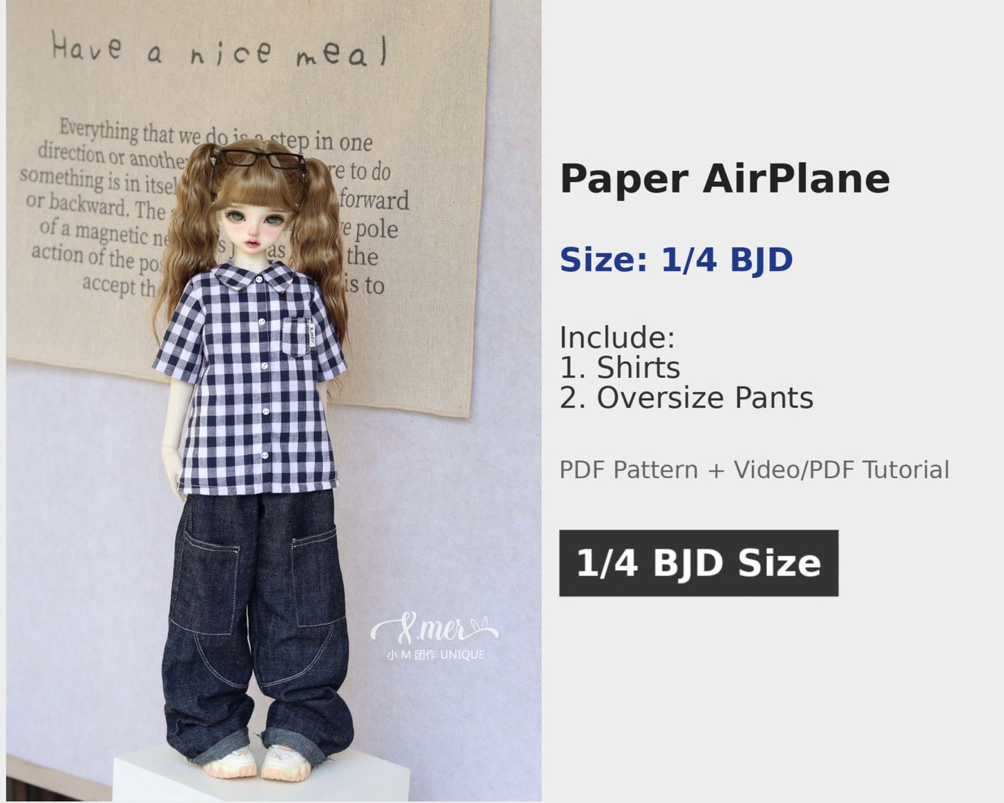 小Mer BJD 1/4 BJD DOLL Clothes Patterns -paper airplane no seam allowance included