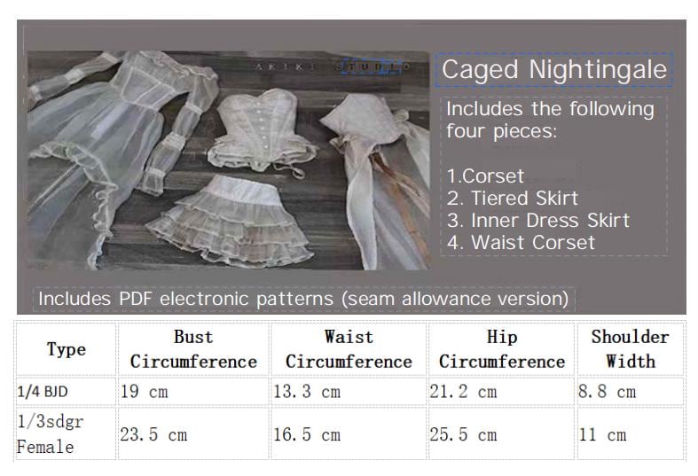 阿吉 BJD 1/3 SDGR DOLL Patterns Corset and Dress 4 pieces.