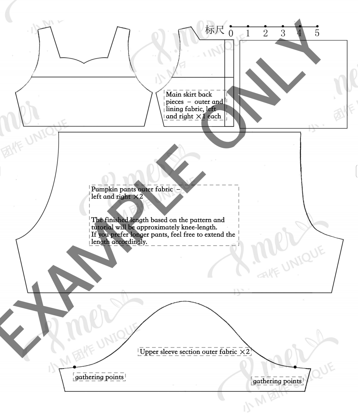 Pattern diagram for a garment with measurements and fabric requirements