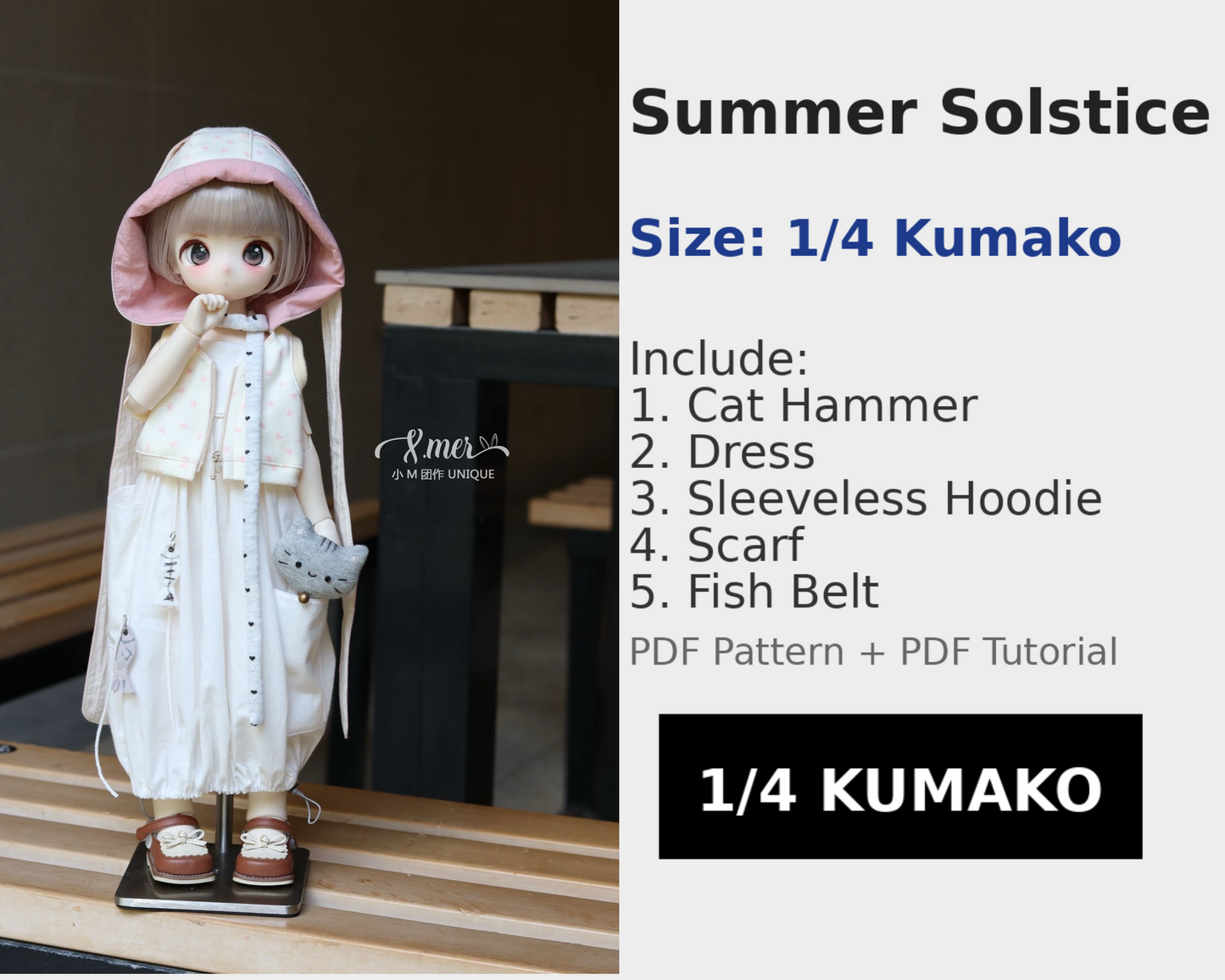 小Mer 1/4 KUMAKO BJD Doll Dress Pattern - Summer Solstice-no seam allowance included