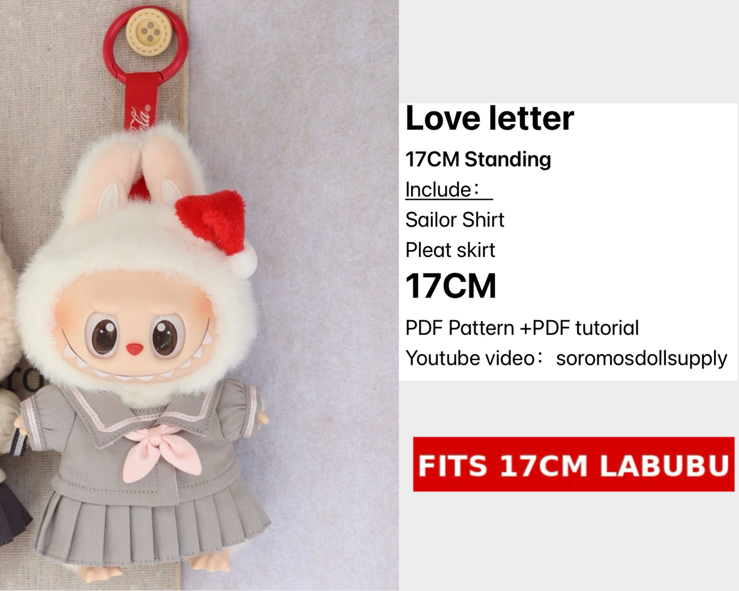 Patrón de conjunto LABUBU Love Letter – PDF + vídeo | Talla 15,5-17 cm (estilo macarrón)