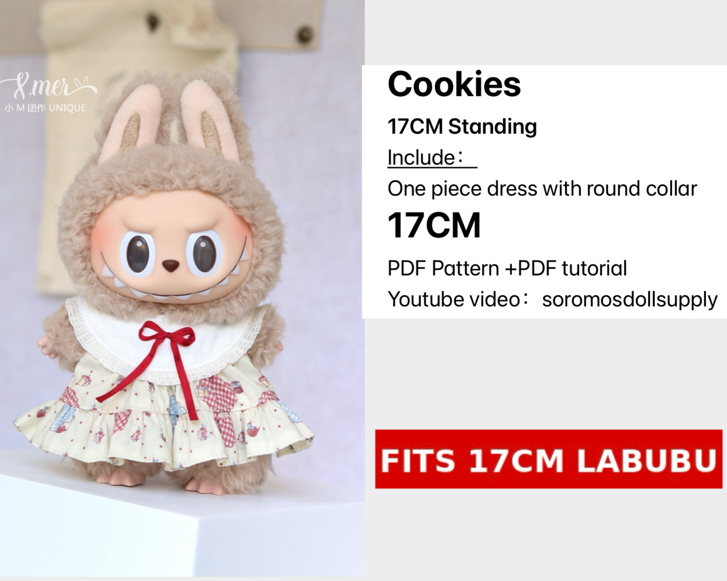 Patrón de conjunto de galletas LABUBU – PDF + vídeo | Talla 15,5-17 cm (estilo macarrón)