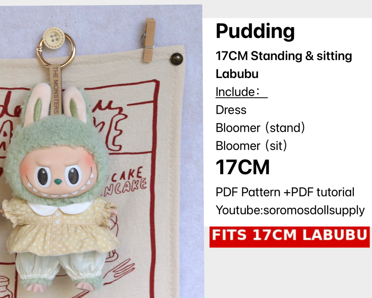 Patrón de conjunto Pudín LABUBU – PDF + Vídeo | Talla 15,5-17 cm (Estilo Macaron)