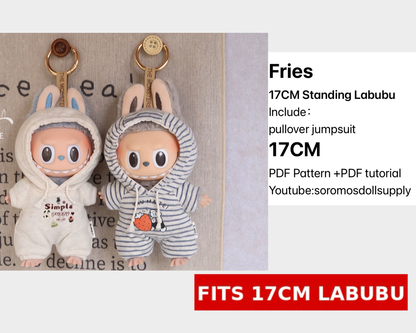 LABUBU Fries Outfit Pattern – PDF + Video | Fits 15.5–17cm (Macaron Style)