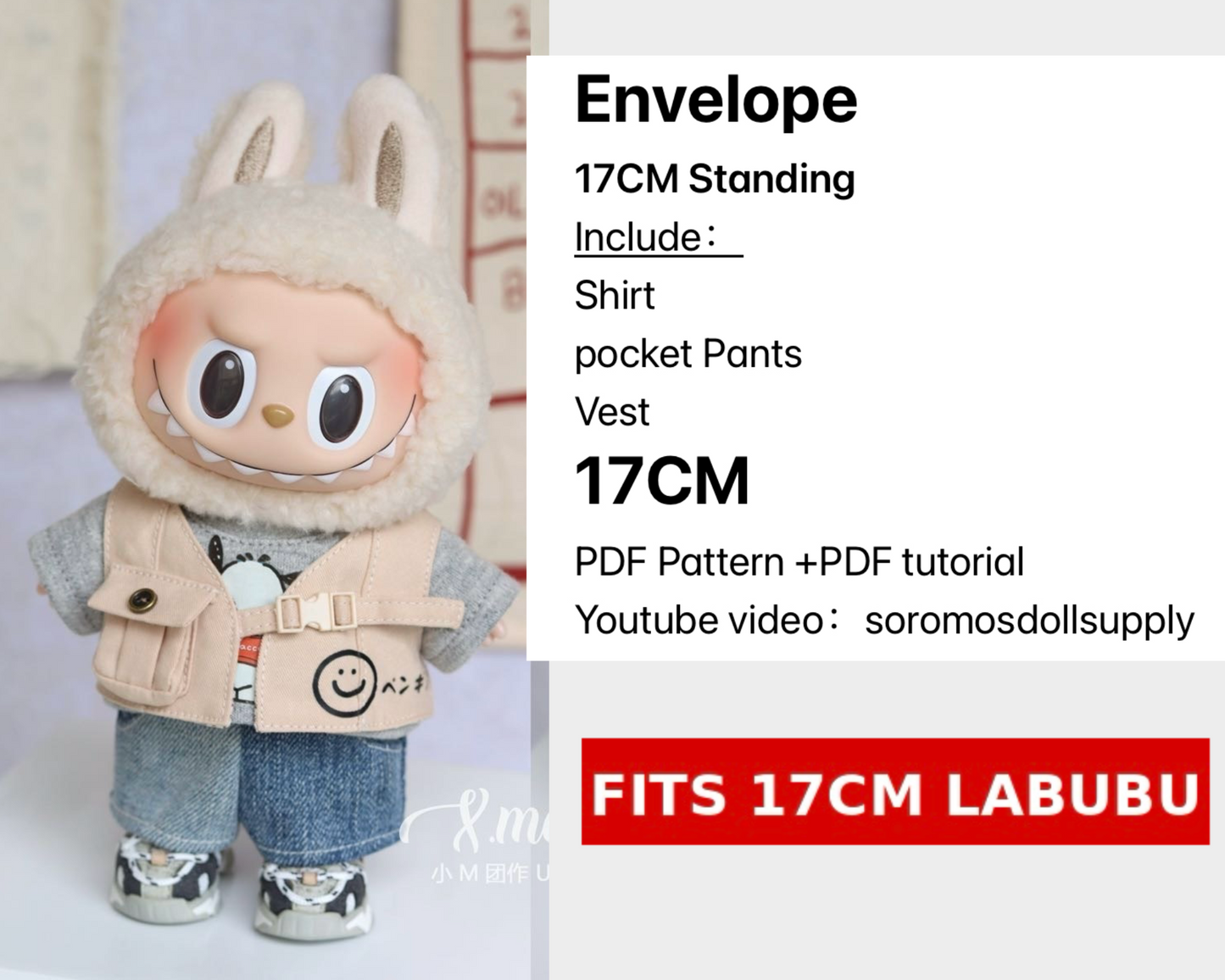 Patrón de conjunto LABUBU con sobre – PDF + vídeo | Talla 15,5-17 cm (estilo macarrón)
