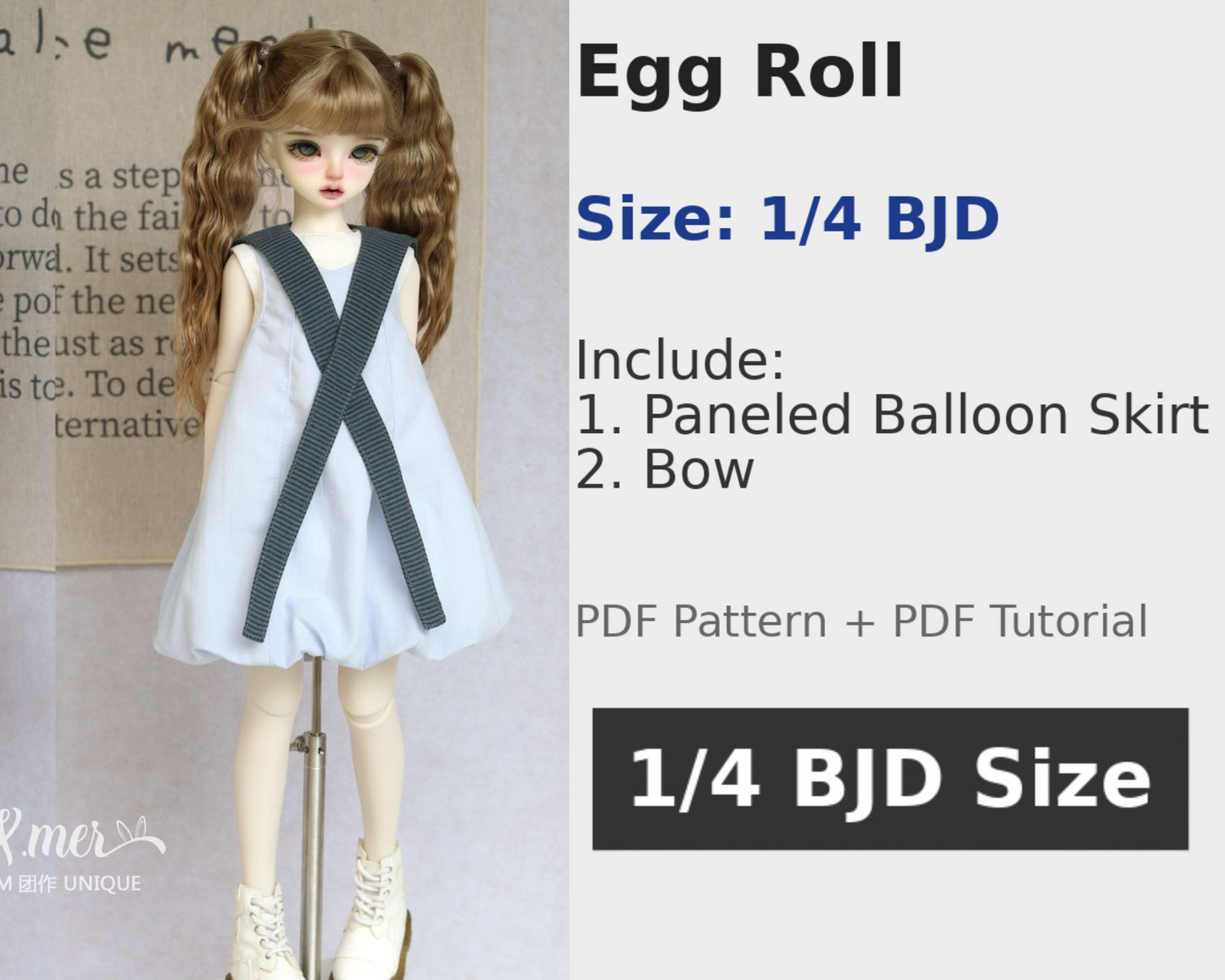 小Mer BJD 1/4 BJD DOLL Clothes Patterns -Egg roll- no seam allowance included (include dress, cap, and bow)