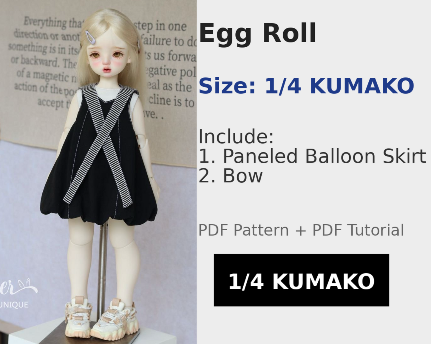 小Mer 1/4 KUMAKO BJD Doll Dress Pattern - Egg roll-no seam allowance included