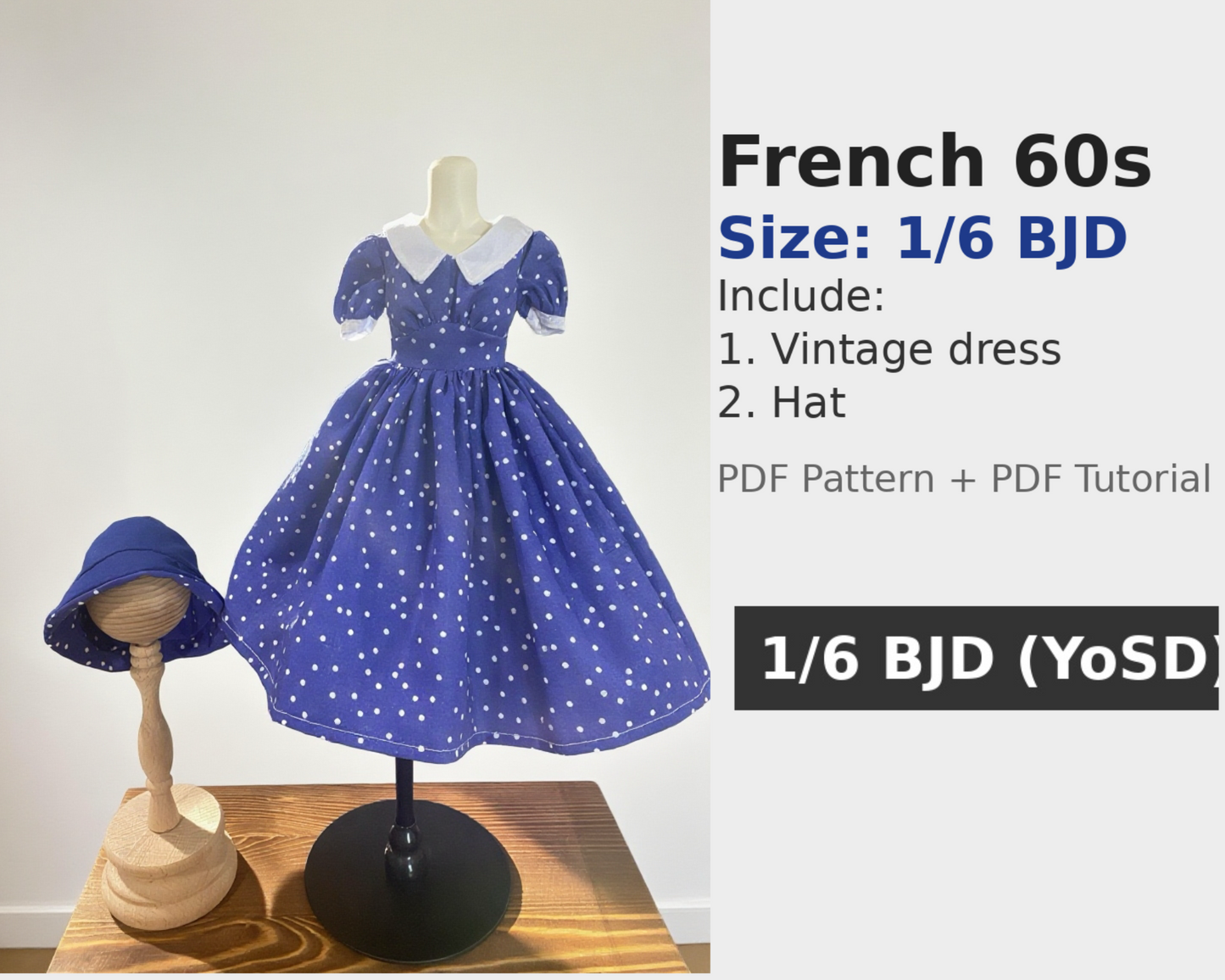 阿彩 1/6 BJD Doll Dress Pattern - French 60s-include 5mm seam allowance