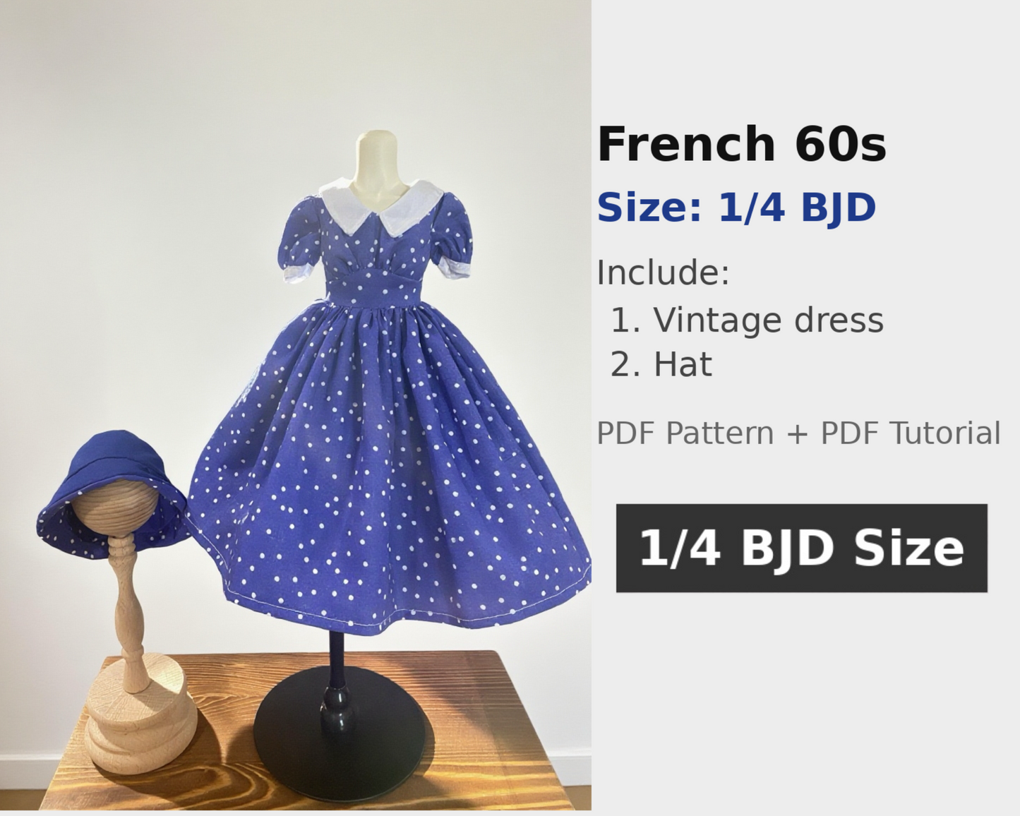阿彩 1/4 BJD Doll Dress Pattern -French 60s -include 5mm seam allowance