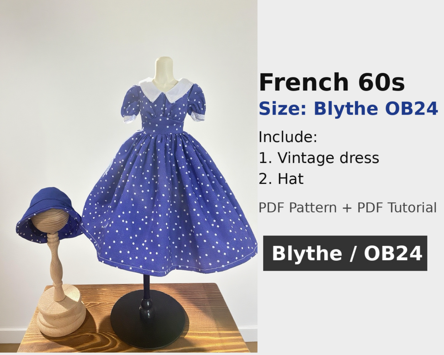 阿彩 Blythe Doll Dress Pattern - French60s-include 5mm seam allowance