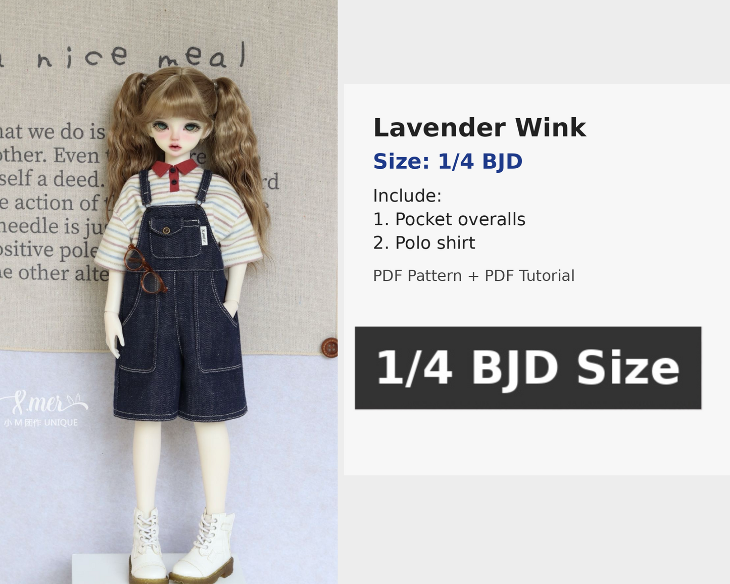 小Mer BJD 1/4 BJD DOLL Clothes Patterns Lavender Wink- no seam allowance included