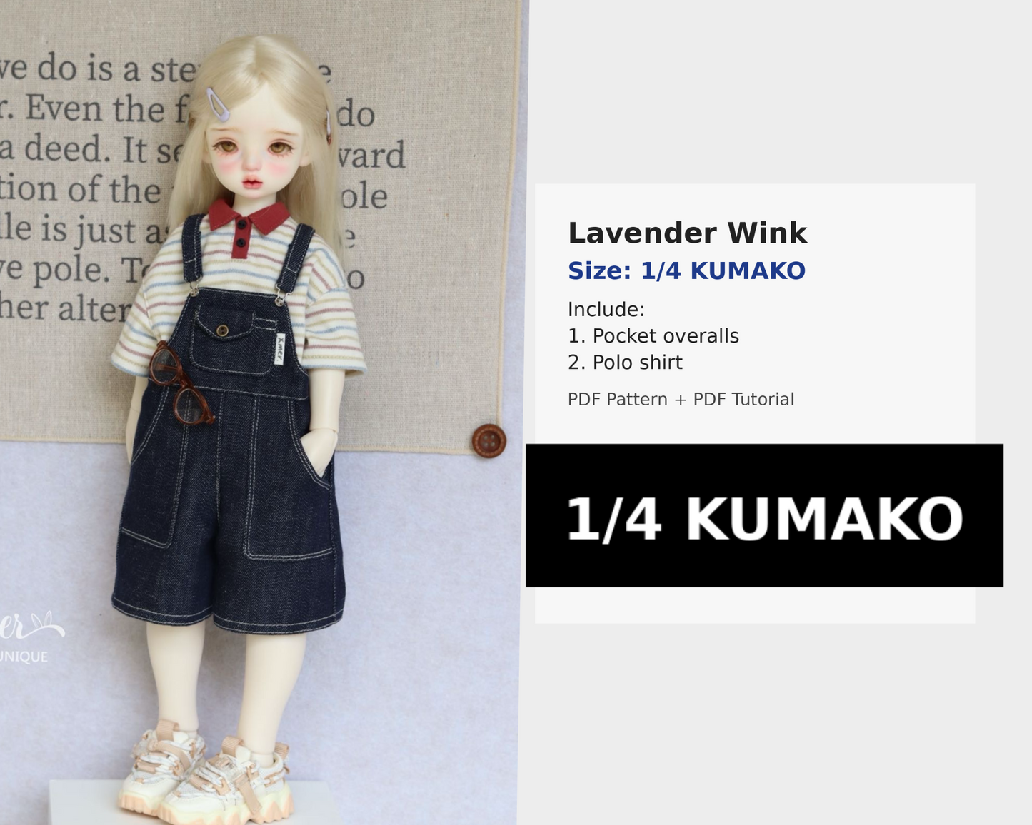 小Mer 1/4 KUMAKO BJD Doll Dress Pattern - Lavender Wink-no seam allowance included