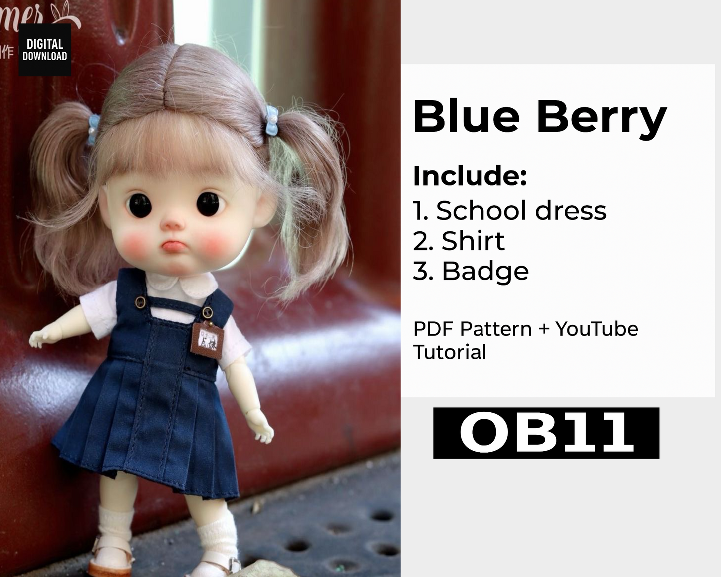 小Mer OB11 DOLL Patterns Blueberry dress-no seam allowance included