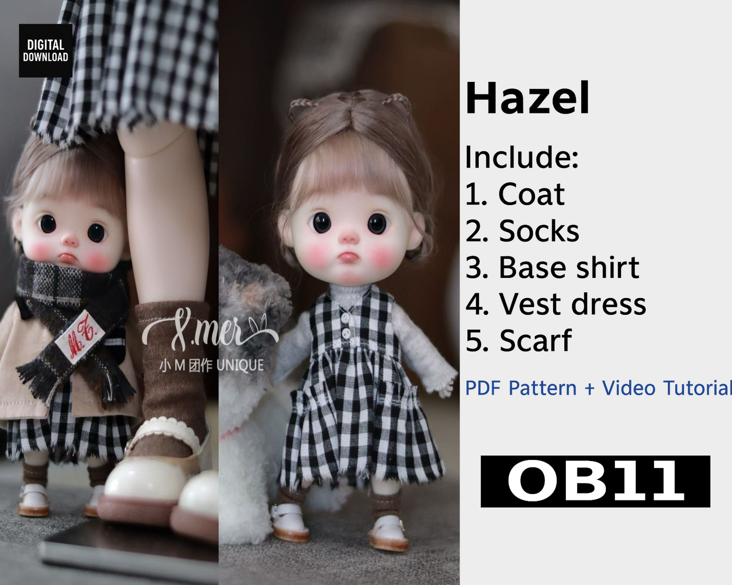 小Mer OB11 Doll Patterns Jacket Dress and base shirt set -Hazel--no seam allowance included