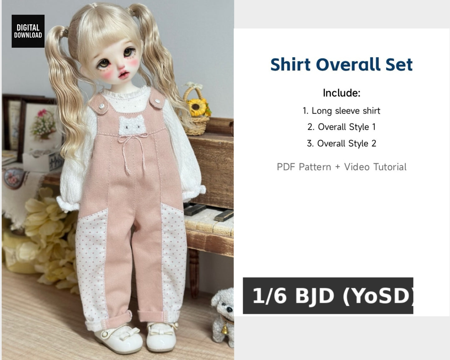 果果 1/6 BJD Doll Dress Pattern - Shirt and Overall set seam allowance include