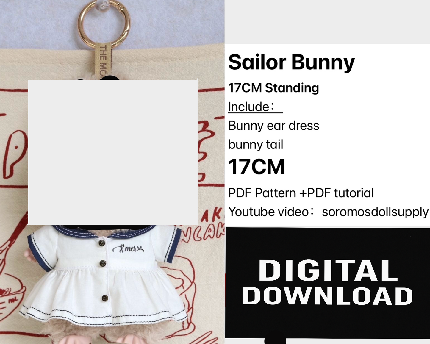 Sailor Bunny Outfit Pattern for 15.5–17cm Fantasy Monster Dolls – PDF + Video Tutorial | Compatible with Labubu size dolls