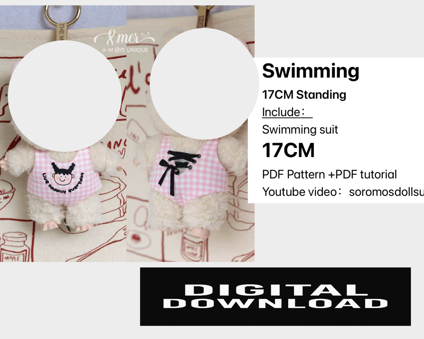 Swimming Suit Outfit Pattern for 15.5–17cm Fantasy Monster Dolls – PDF + Video Tutorial | Compatible with Labubu size dolls