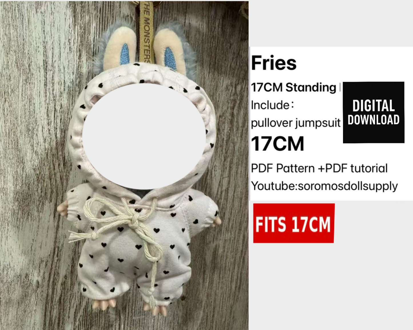 15.5–17cm Fries Outfit Pattern – PDF Sewing Pattern | Compatible with Labubu size dolls | Fantasy Monster Doll