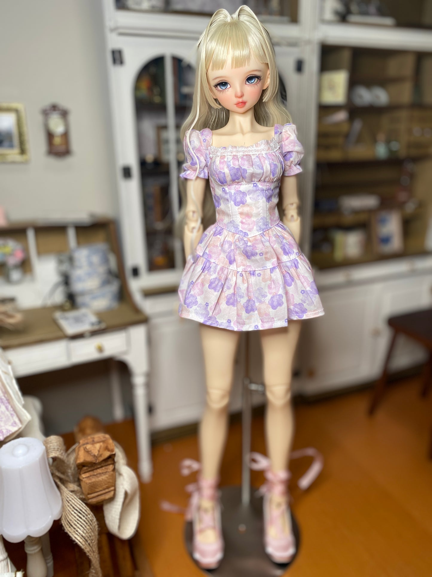 Lavender Bloom Puff Dress – Ready-Made Outfit | Fits 1/4 BJD (Bust 16–19cm, Waist 11–13cm)
