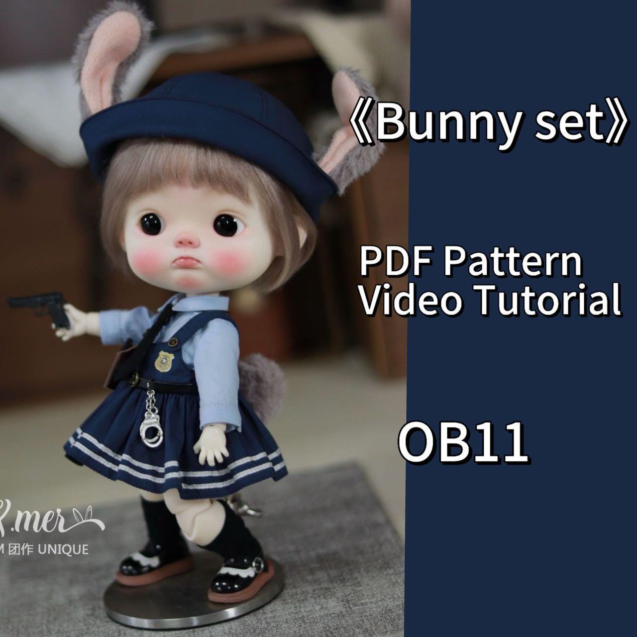 小Mer OB11 Obitsu DOLL Patterns Bunny Dress with Hat set: 7 Items: Hat, Tie, Shirt, Vest Dress, Belt, Gun Holster, Socks-no seam allowance