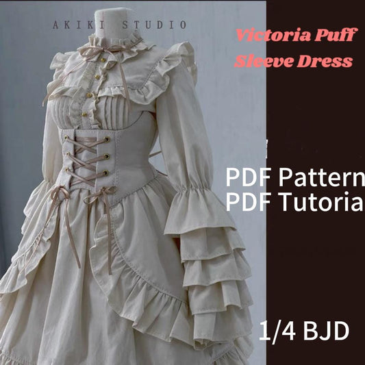 阿吉 BJD 1/4 BJD DOLL Patterns Victoria Style Puff Sleeve Dress- no seam allowance included