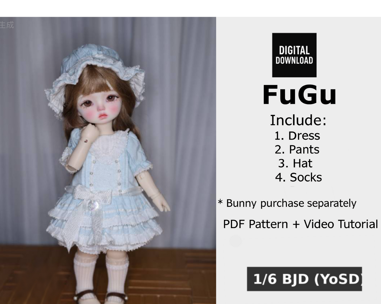 果果 1/6 BJD Doll Dress Pattern - FUGU  seam allowance include