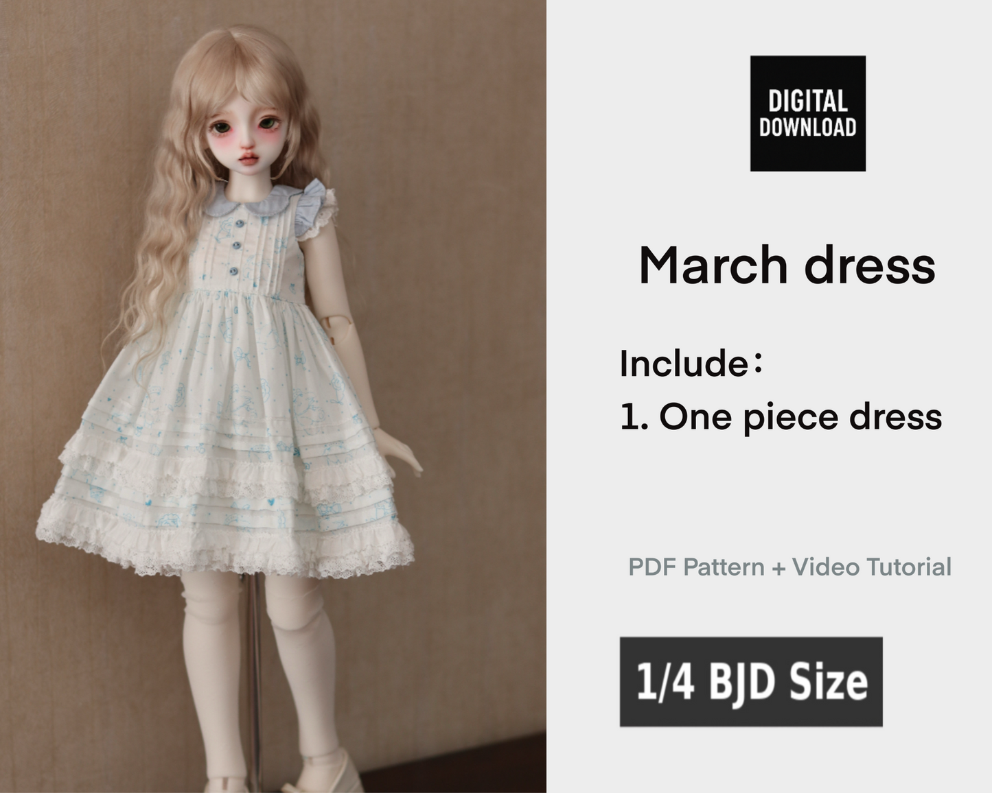 果果 1/4 BJD Doll Dress Pattern-March dress- with seam allowance
