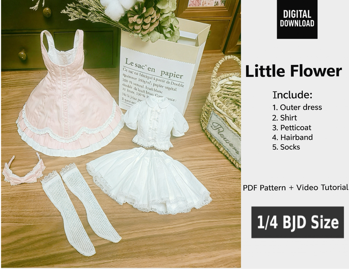 阿彩 1/4 BJD Doll Dress Pattern -Little Flower -include 5mm seam allowance