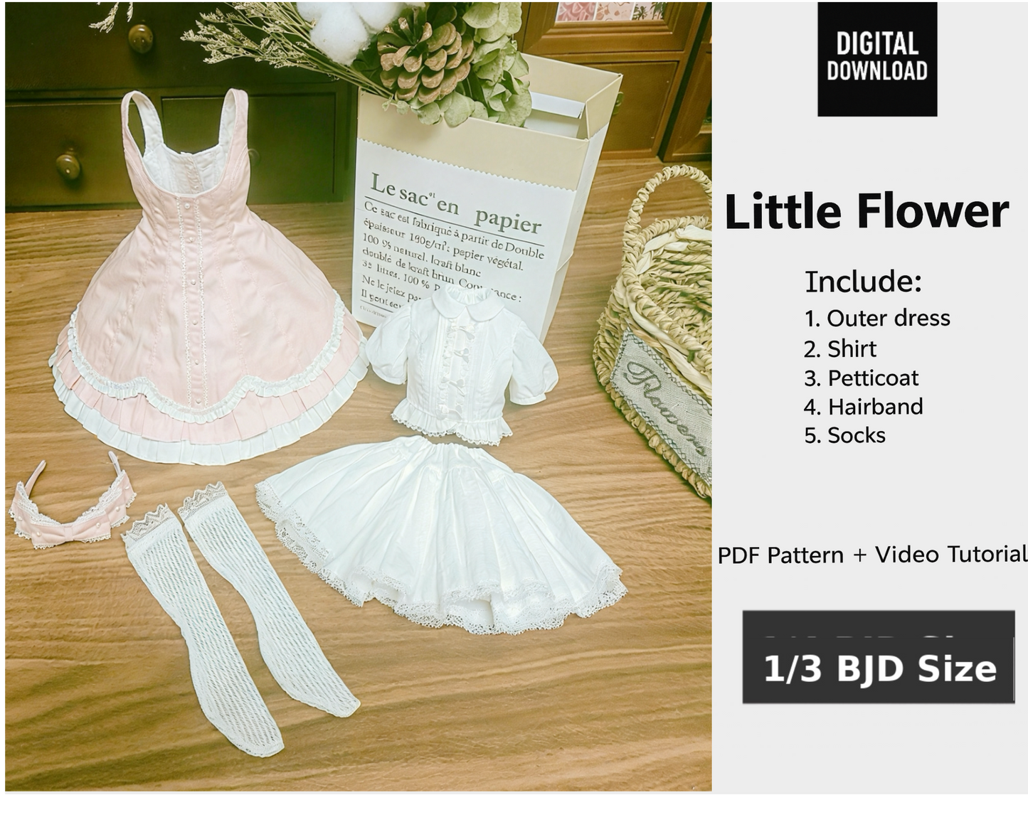 阿彩 1/3 BJD  SDGR Doll Dress Pattern - Little flower -include 5mm seam allowance