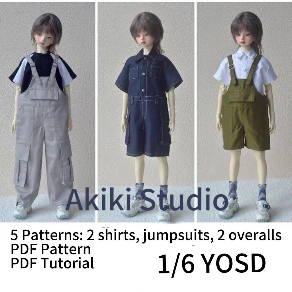 阿吉 BJD 1/6 YOSD DOLL Cloth Patterns -5 Pattern Bundle! Overalls -Long, Overalls Short, Jumpsuit, T-shirt, Short Sleeve shirt