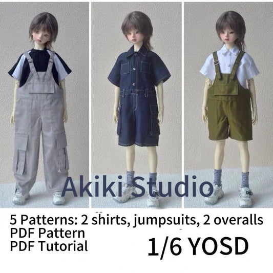 阿吉 BJD 1/6 YOSD DOLL Cloth Patterns -5 Pattern Bundle! Overalls -Long, Overalls Short, Jumpsuit, T-shirt, Short Sleeve shirt