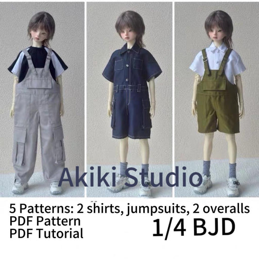 阿吉 BJD 1/4 DOLL Cloth Patterns -5 Pattern Bundle! Overalls -Long, Overalls Short, Jumpsuit, T-shirt, Short Sleeve shirts.
