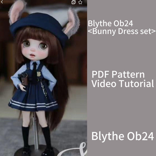 小Mer Blythe OB 24  DOLL Patterns Bunny Dress with Hat set： 7 Items: Hat, Tie, Shirt, Vest Dress, Belt, Gun Holster, Socks-no seam allowance