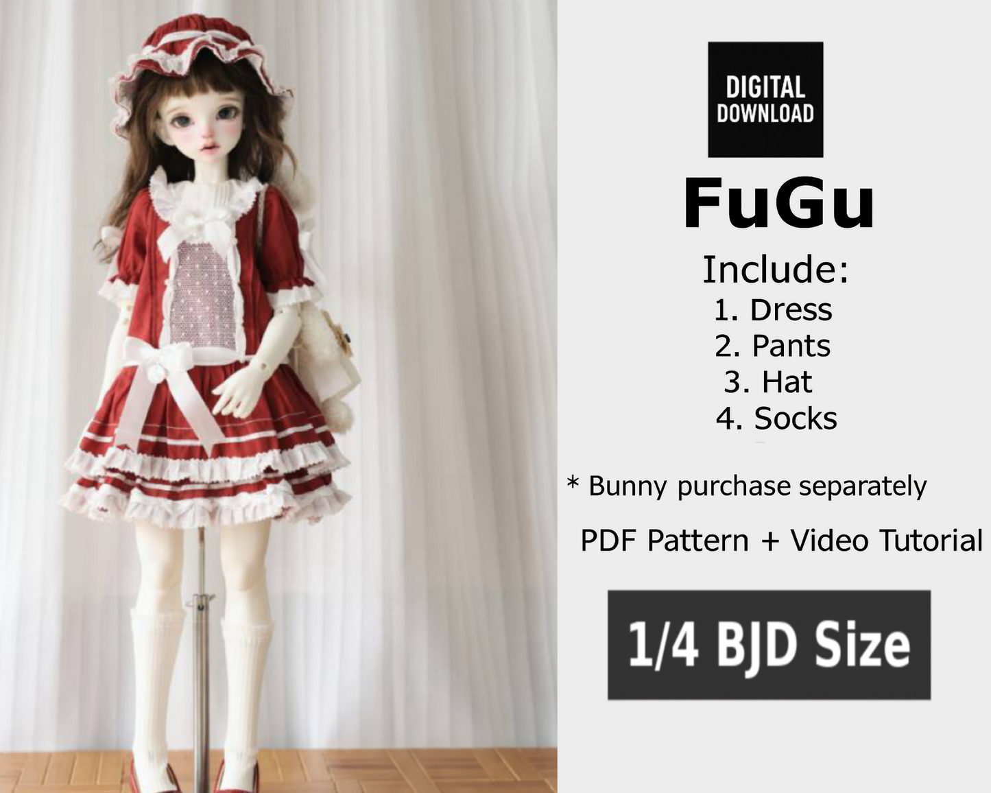 果果 1/4 BJD Doll Dress Pattern-FUGU with seam allowance