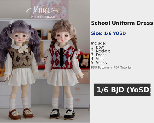 小Mer BJD 1/6 BJD DOLL Clothes Dress Pattern -School Uniform dress-no seam allowance included