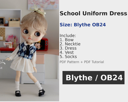 小Mer Blythe  Doll Clothes Patterns - School uniform dress-no seam allowance included
