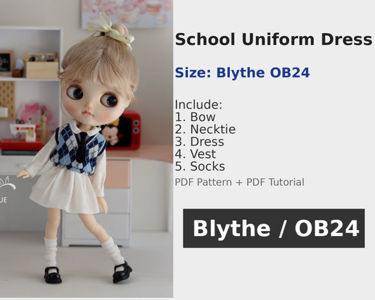 小Mer Blythe  Doll Clothes Patterns - School uniform dress-no seam allowance included