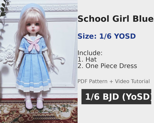 阿彩 1/6 BJD Doll Dress Pattern - School girl Blue-include 5mm seam allowance