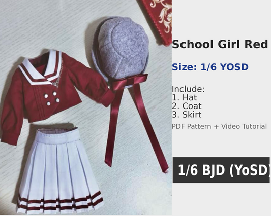 阿彩 1/6 BJD Doll Dress Pattern - School girl red-include 5mm seam allowance