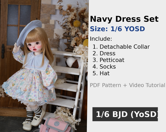 果果 1/6 BJD Doll Dress Pattern - Navy Dress set- with seam allowance