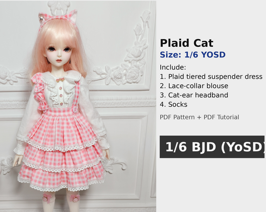 阿彩 1/6 BJD Doll Dress Pattern - Plaid Cat-include 5mm seam allowance
