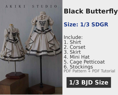 阿吉 BJD 1/3 SDGR DOLL Patterns Corset and hat and half skirt - Black Butterfly