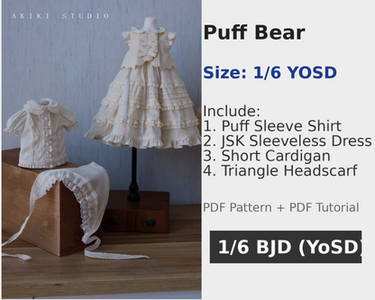 阿吉 BJD 1/6 YoSD BJD DOLL clothes Patterns Puff bear -Digital Download