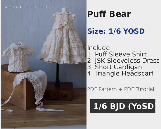 阿吉 BJD 1/6 YoSD BJD DOLL clothes Patterns Puff bear -Digital Download