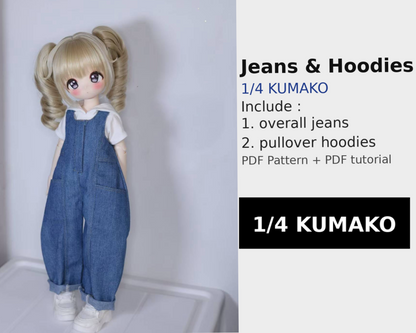 果果 1/4 KUMAKO BJD Doll Dress Pattern - Pullover hoodies and overall set