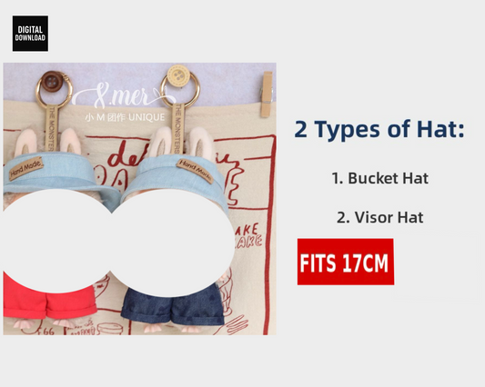 15.5–17cm Bucket & Visor Hat Pattern – PDF Sewing Pattern | Compatible with Labubu size dolls | Fantasy Monster Doll
