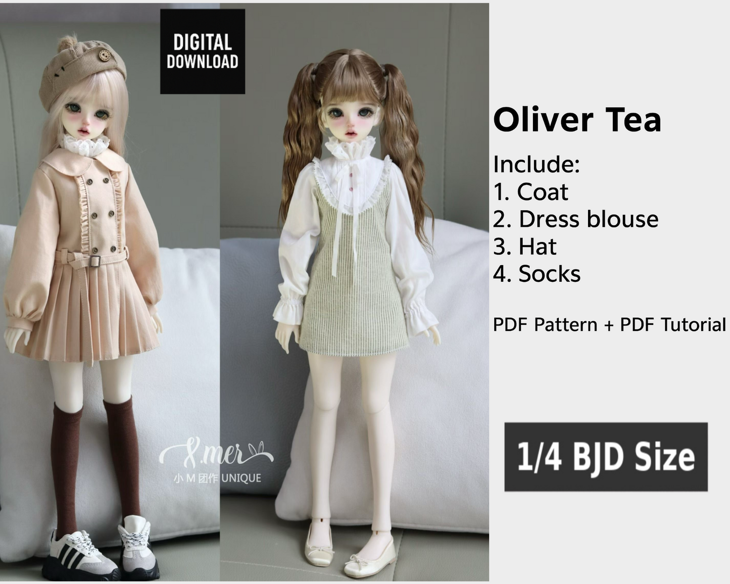 小Mer BJD 1/4 BJD DOLL Clothes Patterns -Oliver Tea- no seam allowance included