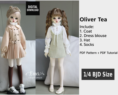 小Mer BJD 1/4 BJD DOLL Clothes Patterns -Oliver Tea- no seam allowance included