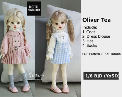 小Mer BJD 1/6 BJD DOLL Clothes Dress Patterns -Oliver Tea-no seam allowance included