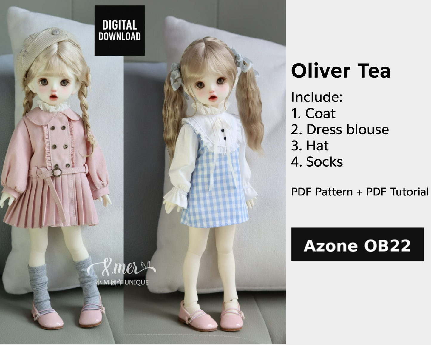 小Mer Azone ob22  Doll Clothes Patterns - Oliver Tea no seam allowance included